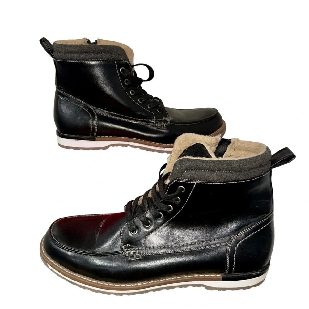 VGC HARRISON MYLES Black Faux Leather Sherpa Lined Zip‎ Moc-Toe Boots Men's 12